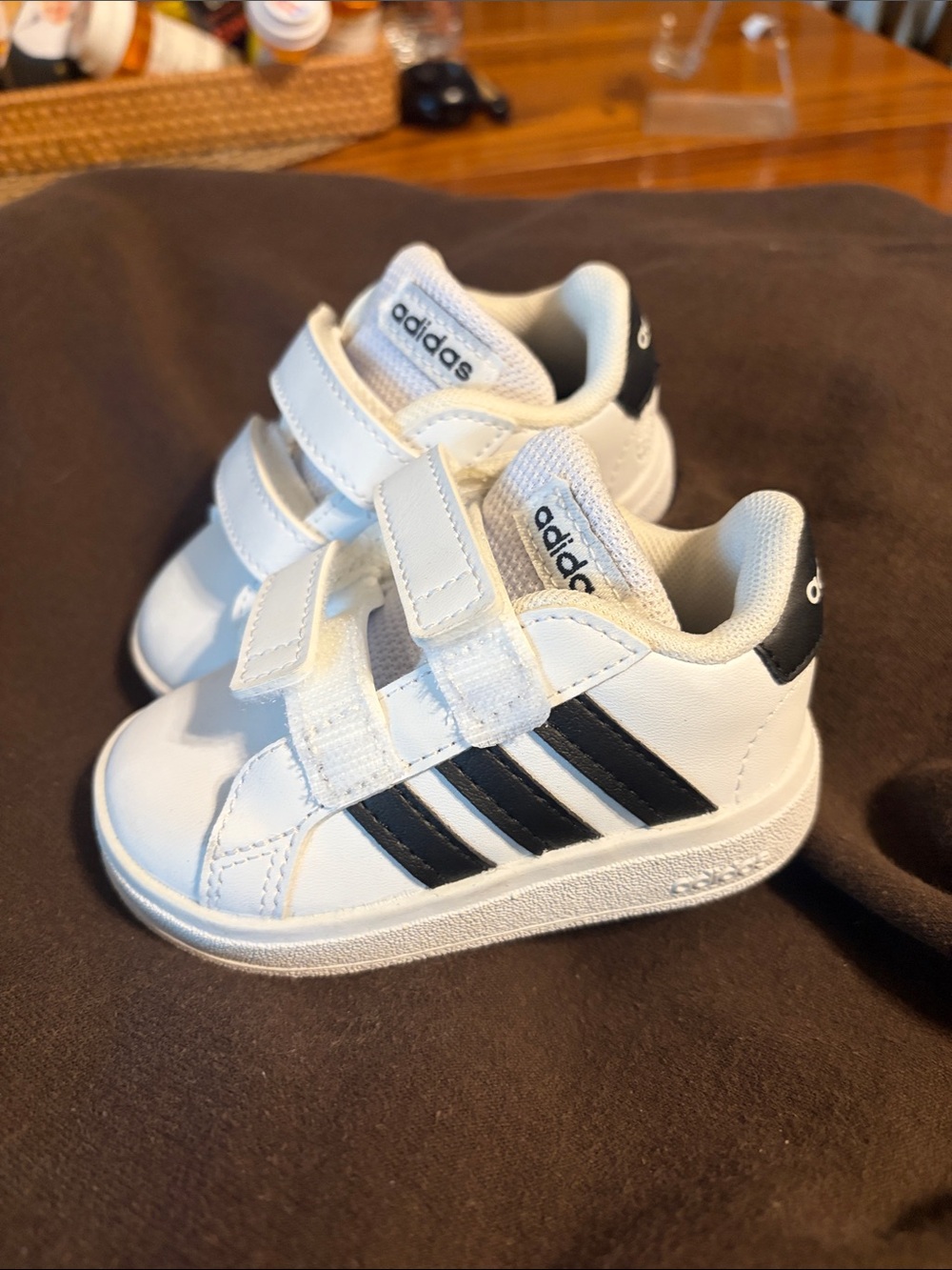 adidas Kids White Sneakers with Black Stripes and Velcro